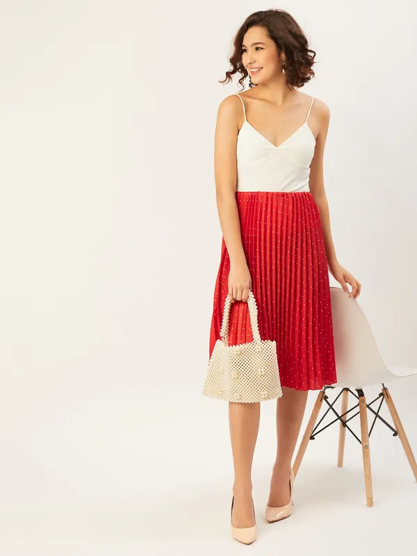 Red_&_White_Crepe_Polka_Print_Casual_Flared_Skirt_For_Women