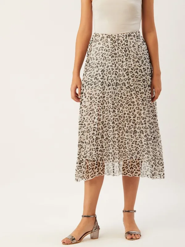 White_&_Black_Cotton_Blend_Animal_Print_Casual_Flared_Skirt_For_Women