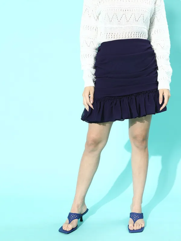 Blue_Cotton_Blend_Solid_Casual_Gathered_Skirt_For_Women