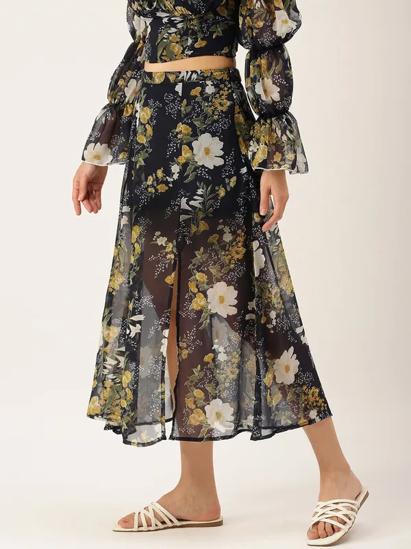 Blue_Crepe_Floral_Print_Casual_A-line_Skirt_For_Women