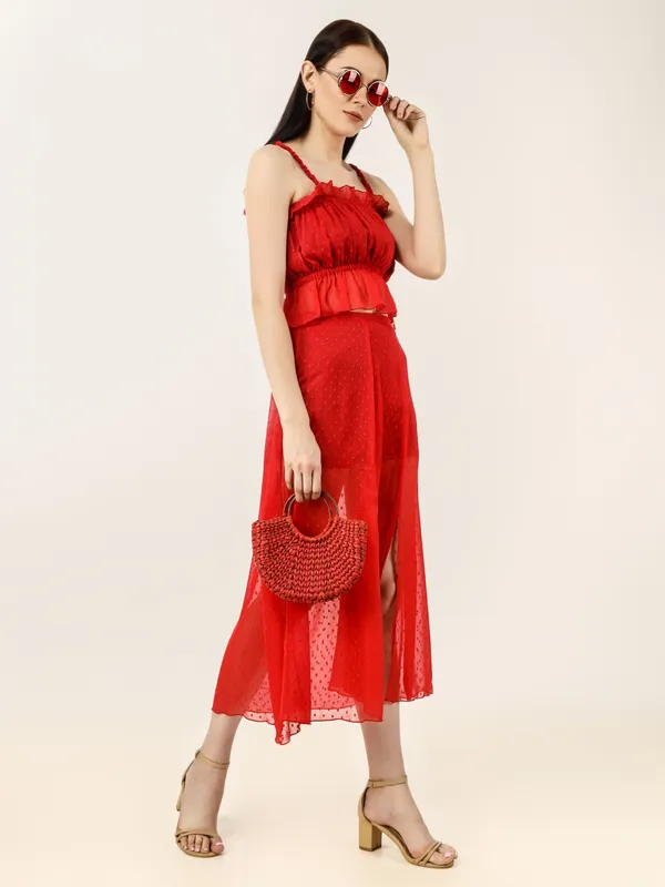 Red_Chiffon_Casual_Flared_Skirt_For_Women