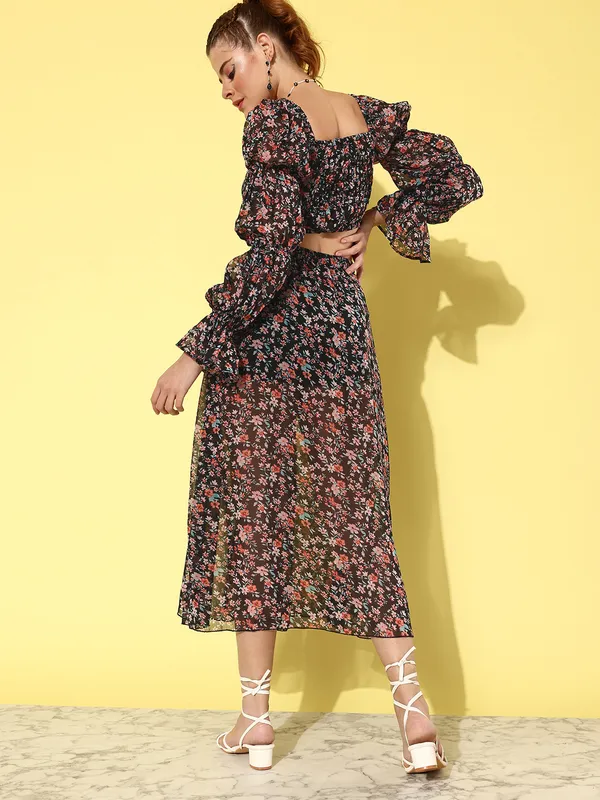 Black_Cotton_Blend_Floral_Print_Casual_A-line_Skirt_For_Women