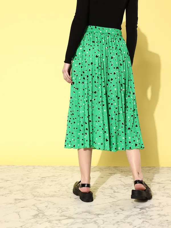 Green_Crepe_Floral_Print_Casual_Pleated_Skirt_For_Women
