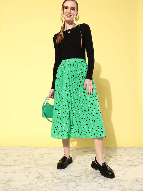 Green_Crepe_Floral_Print_Casual_Pleated_Skirt_For_Women