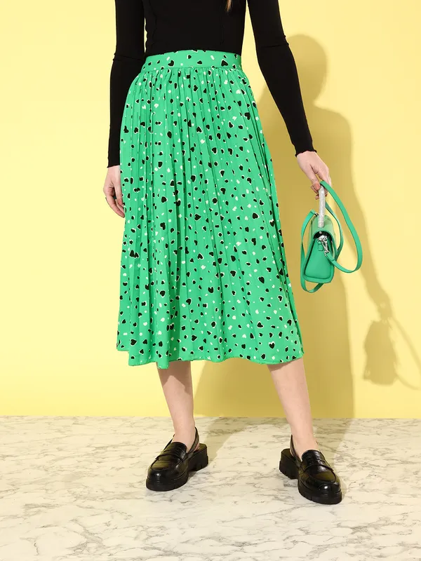Green_Crepe_Floral_Print_Casual_Pleated_Skirt_For_Women