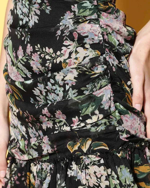 Black_Polyester_Floral_Print_Casual_Gathered_Skirt_For_Women