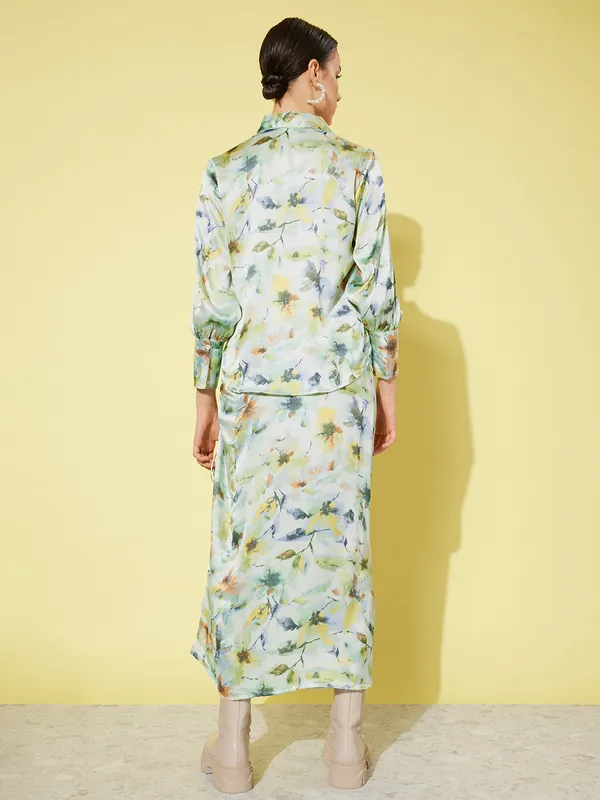 Green_Silk_Blend_Floral_Print_Casual_Gathered_Skirt_For_Women