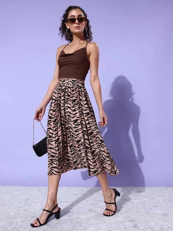 Brown_Crepe_Animal_Print_Casual_Pleated_Skirt_For_Women