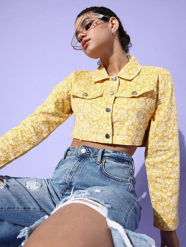 Yellow_Corduroy_Full_Sleeve_Floral_Print_Denim_Jacket_For_Women
