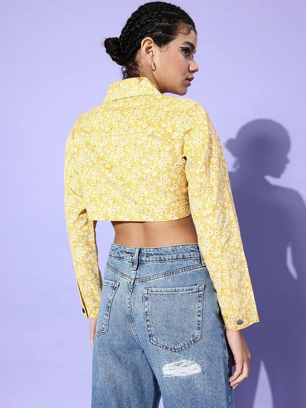Yellow_Corduroy_Full_Sleeve_Floral_Print_Denim_Jacket_For_Women