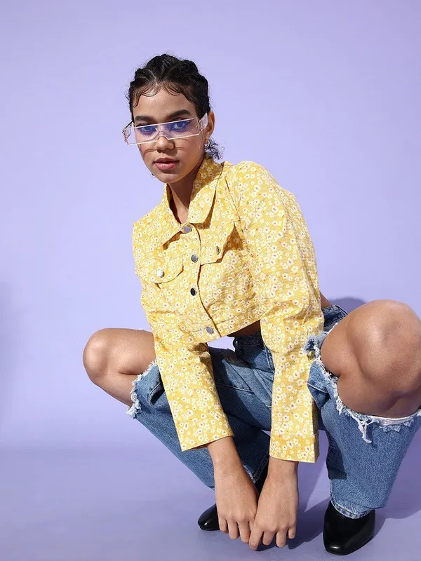 Yellow_Corduroy_Full_Sleeve_Floral_Print_Denim_Jacket_For_Women