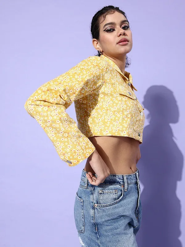 Yellow_Corduroy_Full_Sleeve_Floral_Print_Denim_Jacket_For_Women