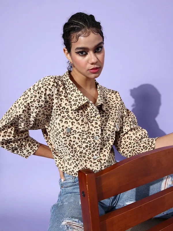 Beige_Corduroy_Full_Sleeve_Animal_Print_Casual_Jacket_For_Women