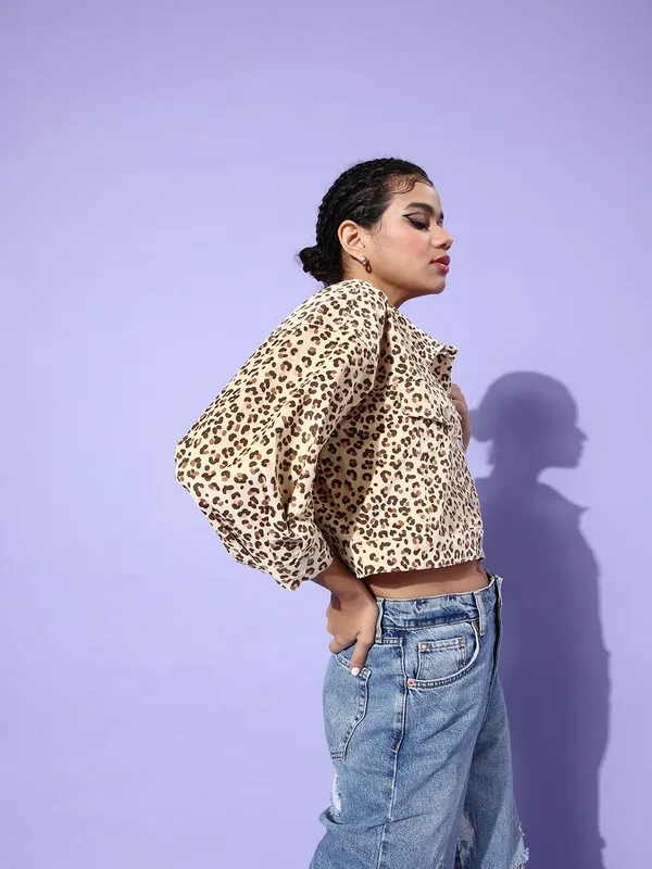 Beige_Corduroy_Full_Sleeve_Animal_Print_Casual_Jacket_For_Women