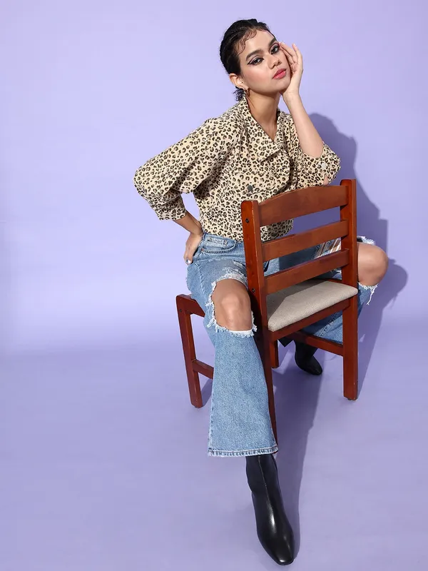 Beige_Corduroy_Full_Sleeve_Animal_Print_Casual_Jacket_For_Women
