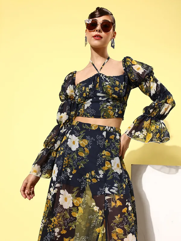 Multicolor_Chiffon_Square_Neck_Top_&_Skirt_Co-ords_Set_For_Women