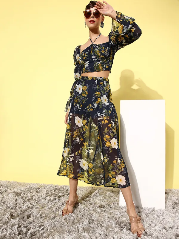 Multicolor_Chiffon_Square_Neck_Top_&_Skirt_Co-ords_Set_For_Women
