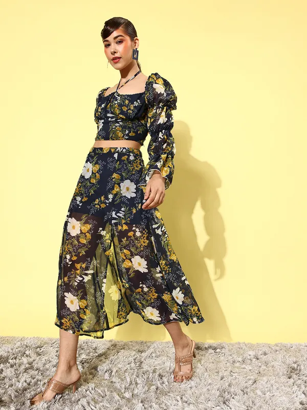 Multicolor_Chiffon_Square_Neck_Top_&_Skirt_Co-ords_Set_For_Women