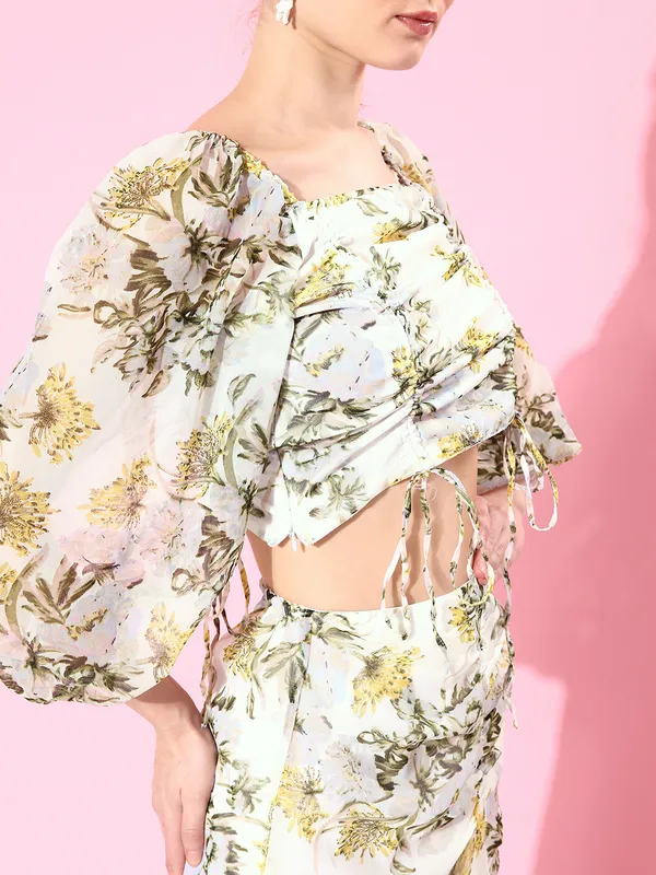 White_Chiffon_Square_Neck_Top_&_Skirt_For_Women_Co-ords_Set