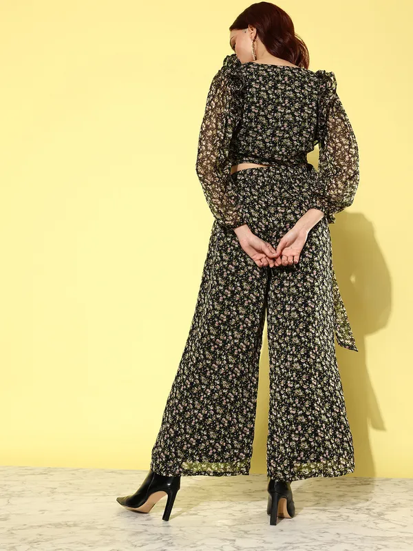 Black__Printed_V-Neck_Ruffled_Crop_Top_With_Flared_Palazzos_Co-ords_Set