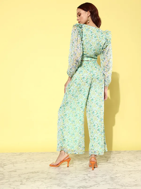 Green__White_Printed_V-Neck_Ruffled_Puff_Sleeves_Top_With_Palazzo_Co-ords_Set