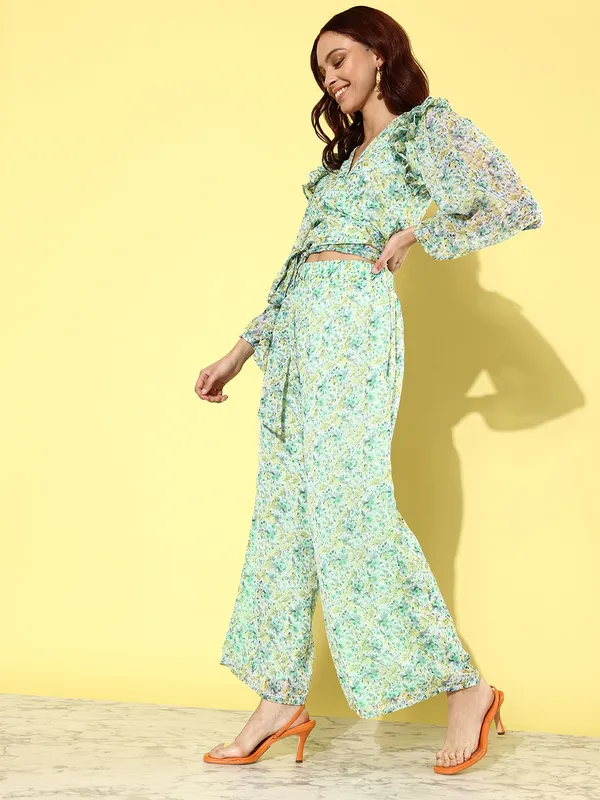 Green__White_Printed_V-Neck_Ruffled_Puff_Sleeves_Top_With_Palazzo_Co-ords_Set