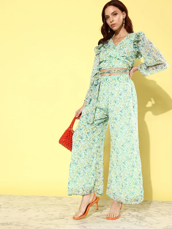 Green__White_Printed_V-Neck_Ruffled_Puff_Sleeves_Top_With_Palazzo_Co-ords_Set