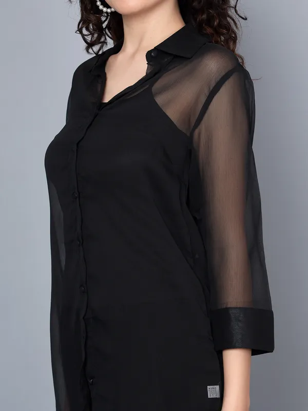 Solid_Black_Collared_Neck_Longline_Shirt_Trouser_With_Cami_Co-ords_Set_For_Women