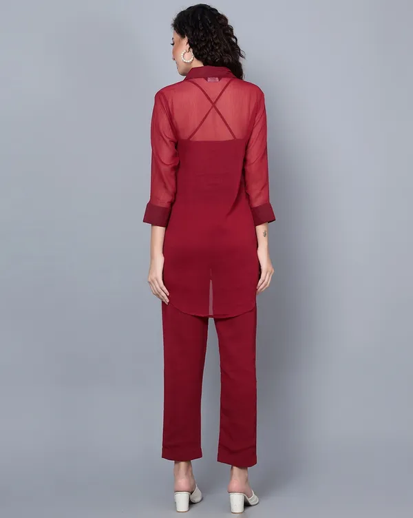 Maroon_Chiffon_Collared_Shirt_Cami_&_Trouser_Co-ords_Set_For_Women