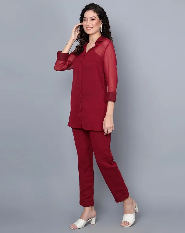 Maroon_Chiffon_Collared_Shirt_Cami_&_Trouser_Co-ords_Set_For_Women