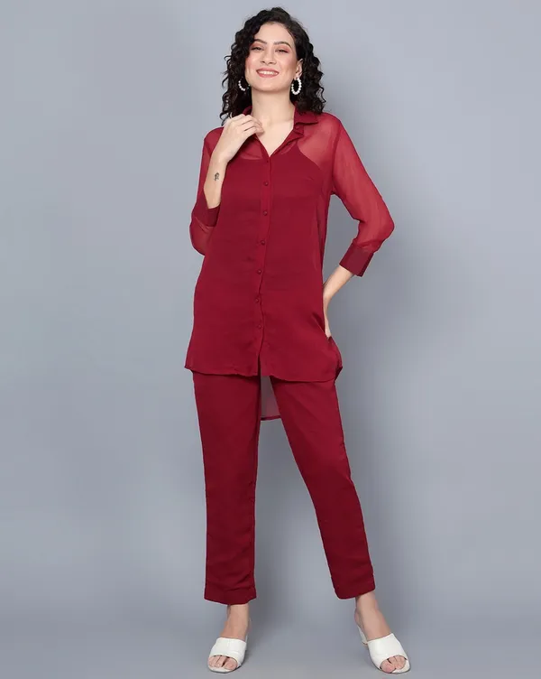 Maroon_Chiffon_Collared_Shirt_Cami_&_Trouser_Co-ords_Set_For_Women