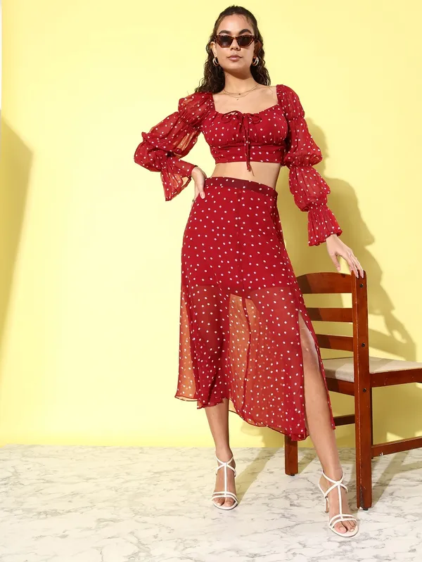 Polka_Dots_Printed_Tie-up_Square_Neck_Top_With_Skirt_Co-ords_Set