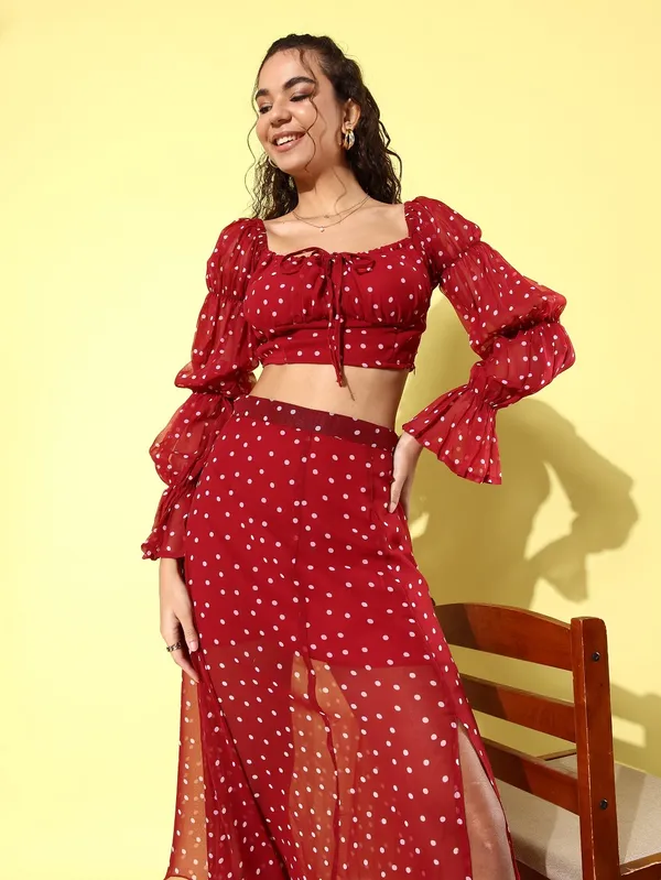 Polka_Dots_Printed_Tie-up_Square_Neck_Top_With_Skirt_Co-ords_Set