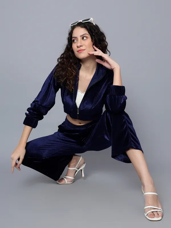 Women_Velvet_Blue_Shirt_Collared_Crop_Jacket_With_Trousers_Co-ords_Set