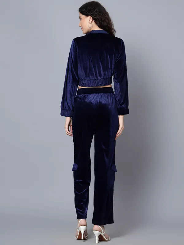 Women_Velvet_Blue_Shirt_Collared_Crop_Jacket_With_Trousers_Co-ords_Set
