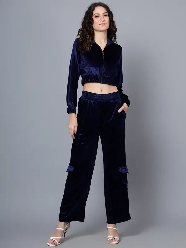 Women_Velvet_Blue_Shirt_Collared_Crop_Jacket_With_Trousers_Co-ords_Set