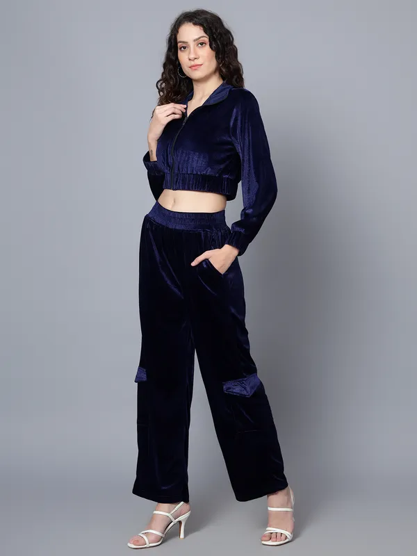 Women_Velvet_Blue_Shirt_Collared_Crop_Jacket_With_Trousers_Co-ords_Set
