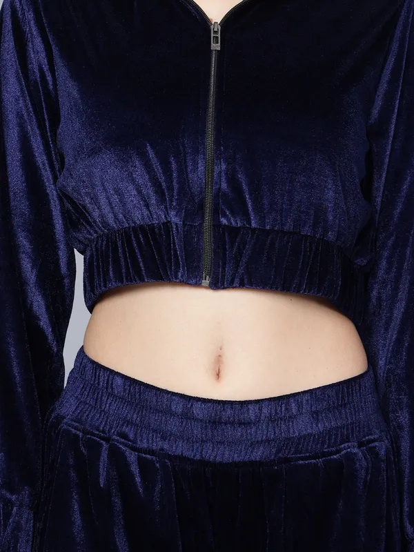 Women_Velvet_Blue_Shirt_Collared_Crop_Jacket_With_Trousers_Co-ords_Set