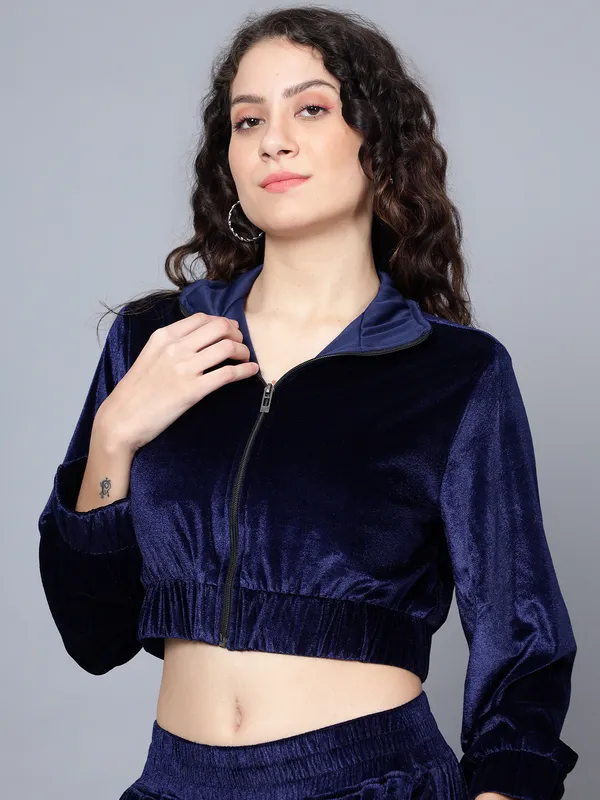 Women_Velvet_Blue_Shirt_Collared_Crop_Jacket_With_Trousers_Co-ords_Set