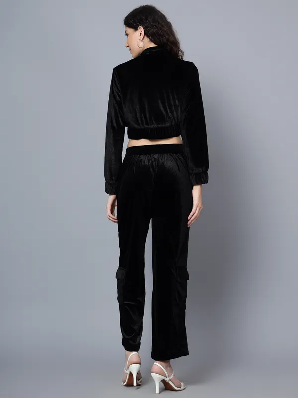 Women_Velvet_Black_Shirt_Collared_Crop_Jacket_With_Trousers_Co-ords_Set