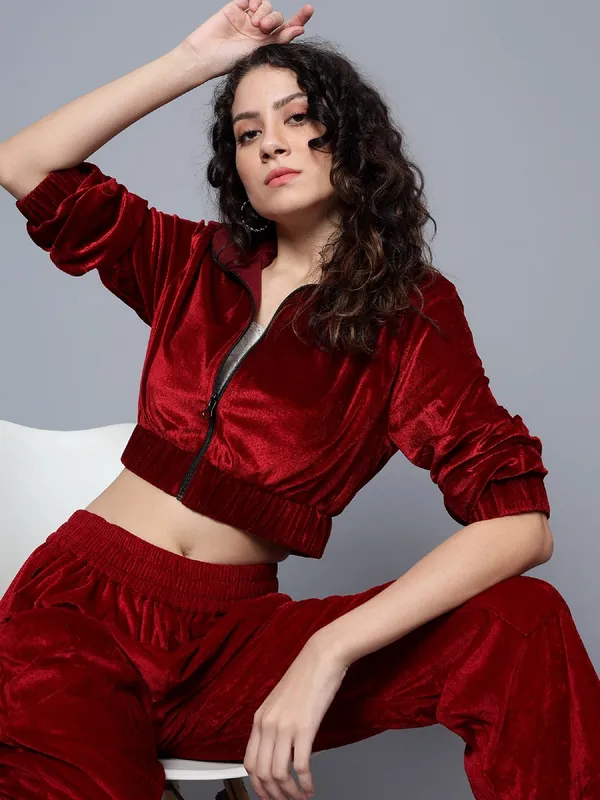 Women_Velvet_Maroon_Shirt_Collared_Crop_Jacket_With_Trousers_Co-ords_Set