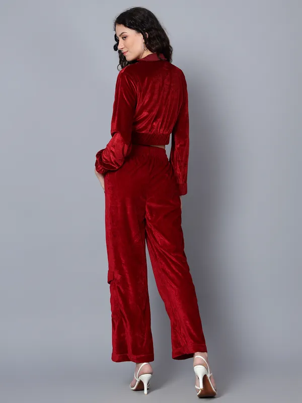 Women_Velvet_Maroon_Shirt_Collared_Crop_Jacket_With_Trousers_Co-ords_Set