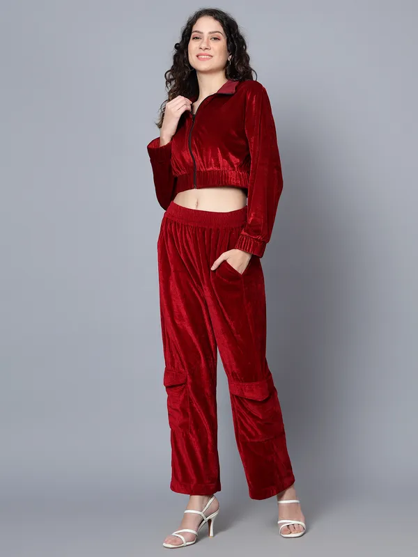 Women_Velvet_Maroon_Shirt_Collared_Crop_Jacket_With_Trousers_Co-ords_Set