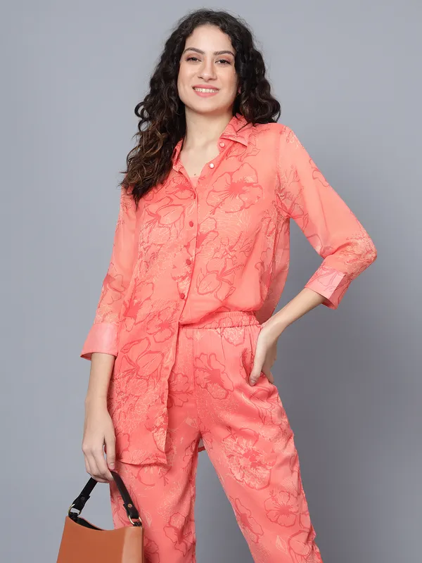 Peach-Colured_Floral_Printed_Collared_Longline_Shirt_With_Trousers_Co-ords_Set