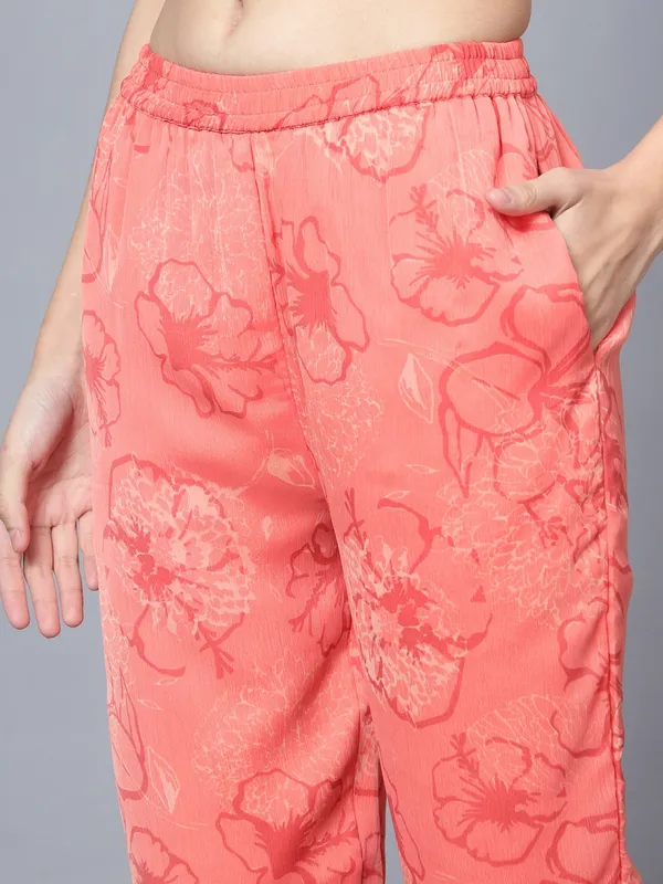 Peach-Colured_Floral_Printed_Collared_Longline_Shirt_With_Trousers_Co-ords_Set