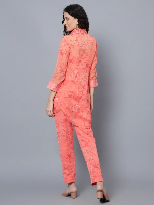 Peach-Colured_Floral_Printed_Collared_Longline_Shirt_With_Trousers_Co-ords_Set