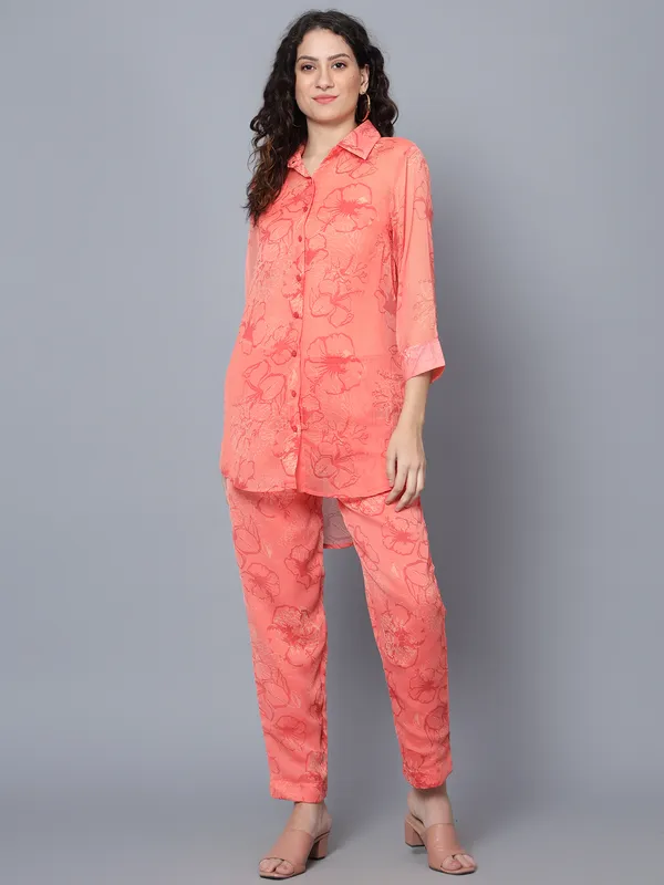 Peach-Colured_Floral_Printed_Collared_Longline_Shirt_With_Trousers_Co-ords_Set