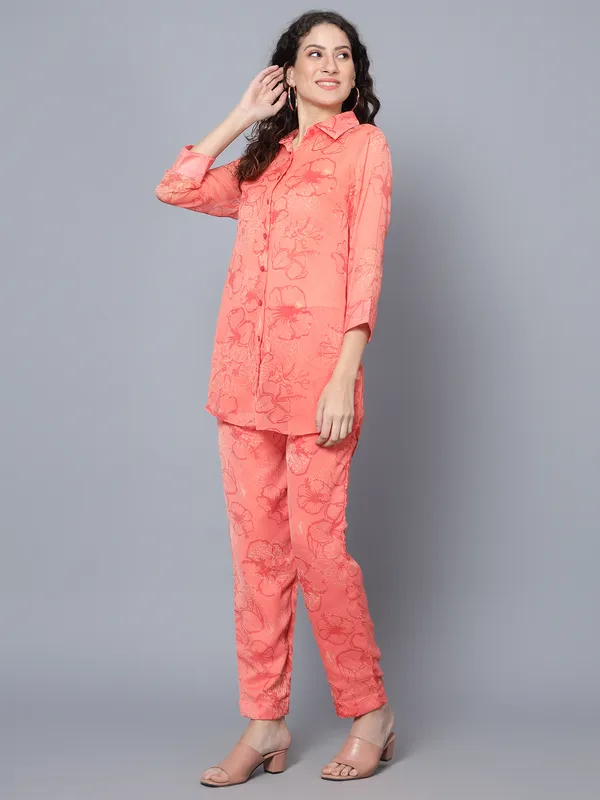 Peach-Colured_Floral_Printed_Collared_Longline_Shirt_With_Trousers_Co-ords_Set