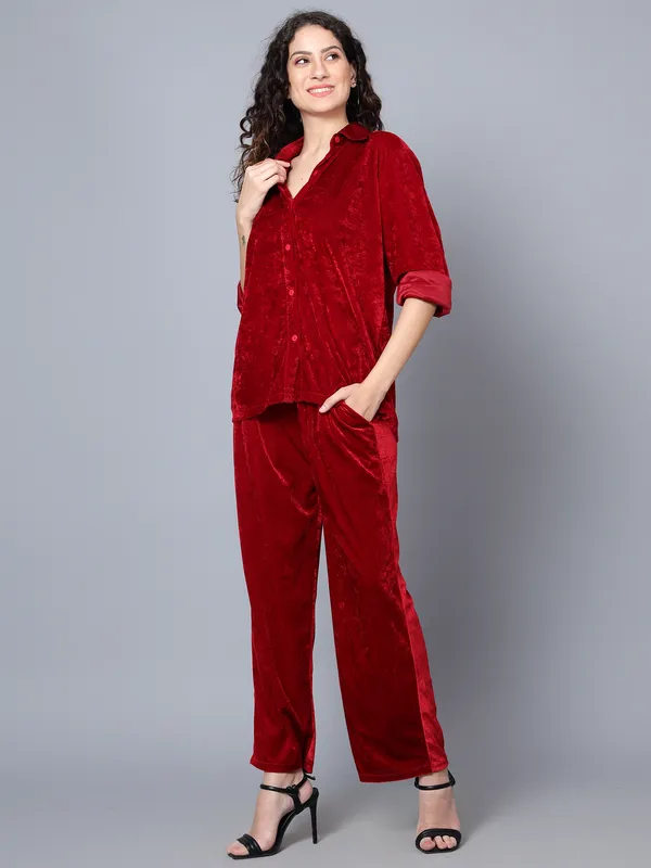 Maroon_Velvet_Collared_Shirt_&_Pant_For_Women_Co-ords_Set