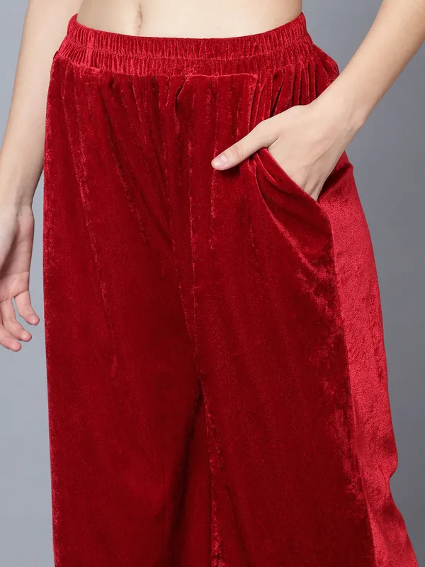 Maroon_Velvet_Collared_Shirt_&_Pant_For_Women_Co-ords_Set